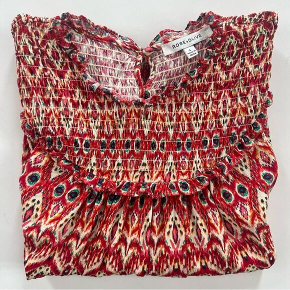 Rose & Olive Smocked Cap Sleeve Keyhole Back Western Print Boho Blouse SZ L - Picture 13 of 13
